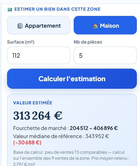 Panneau d'estimation affichant 313 264 € pour une maison de 112 m² et 5 pièces