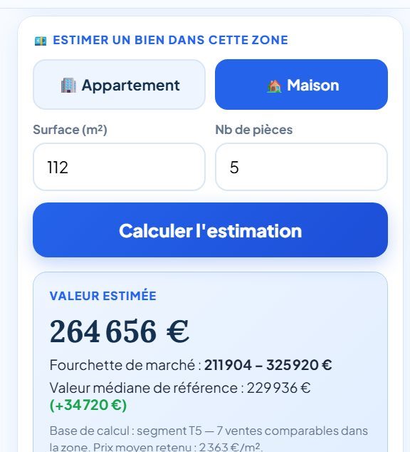 Panneau d'estimation affichant 264 656 € pour le même bien de 112 m² et 5 pièces